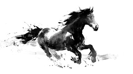 Fototapeta premium A horse runs and gallops. A black-and-white drawing of a horse galloping against a white background with space for text. Symbol of the Chinese New Year 2026.