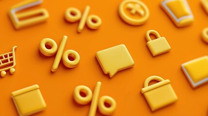 Orange background with yellow financial and security icons including percentages and locks