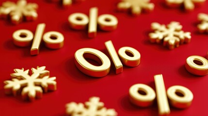 Golden percentage and snowflake symbols on red background