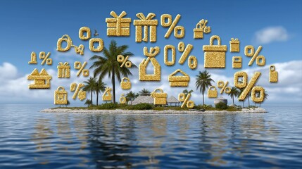 Golden shopping icons floating above tropical island with palm trees and calm ocean