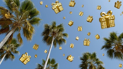 Golden gifts falling from blue sky among tall palm trees