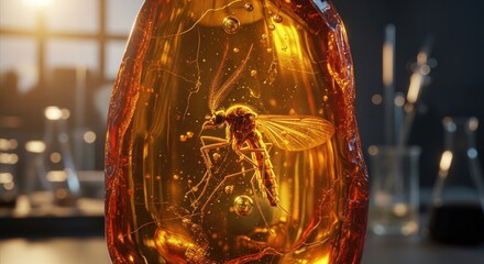 Mosquito preserved inside amber with scientific glassware in blurred background
