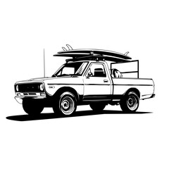 Black and white illustration of a pickup truck with surfboards on top in a side view perspective