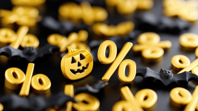 Halloween-themed sale concept with gold pumpkin and percent signs
