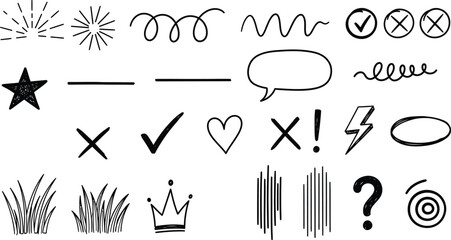 Hand Drawn Doodle Set on Transparent Background, Sunburst, Swirls, Star, Question Mark