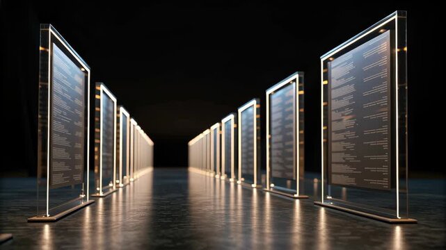 Modern Glass Menu Displays Illuminated Technology Showcasing Information in Sleek Design for Captivating Visual Experience in Liquid Ambiance