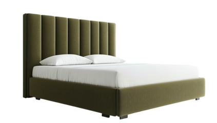 Elegant bed with olive-green, vertically-paneled headboard, and white linens