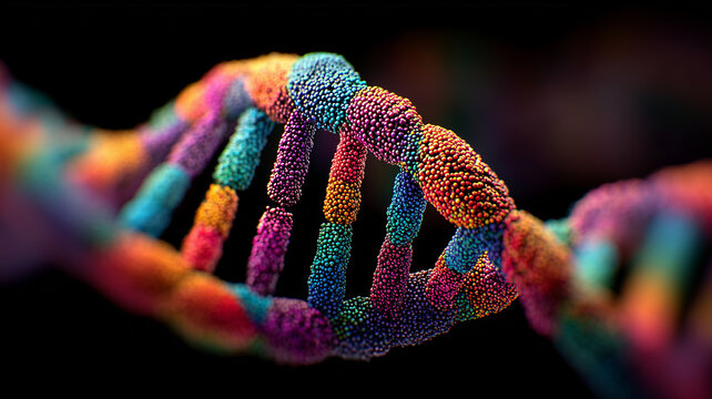 A deoxyribonucleic acid strand built from microscopic beads conveying genetics information flow and molecular coding, symbolizing heredity research precision medicine editing ethics 
