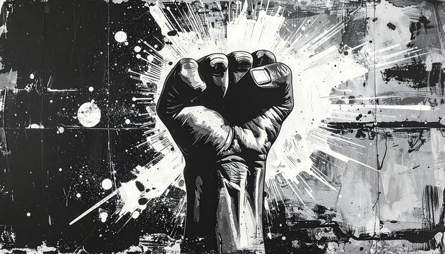 A graphic image of a clenched fist rendered in grayscale, radiating power and strength against a chaotic, textured backdrop