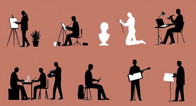 Dynamic collection of silhouettes showcasing diverse creative professionals at work, ideal for websites and branding materials about arts and innovation
