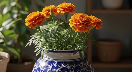 Orange marigolds in blue and white pot, sunlight