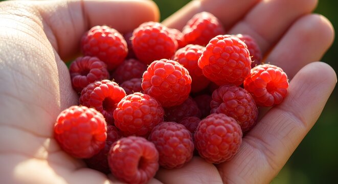 A close-up captures a person's hand cradling a vibrant cluster of freshly picked red berries