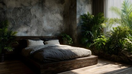 Modern tropical bedroom with lush greenery and natural light