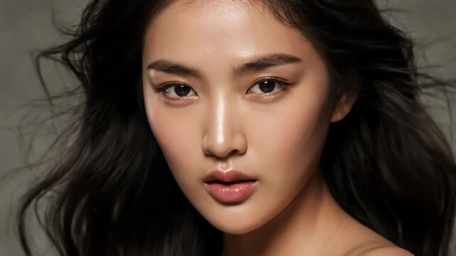 Closeup portrait of a beautiful young asian woman with long dark wavy hair and flawless makeup, looking directly at the camera vector illustration
