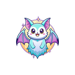 Adorable cartoon bat with pastel colors and a sparkling yellow background