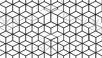 A monochromatic geometric design featuring interconnected cubes and diamonds, creating a repeating, tessellated pattern against a white backdrop