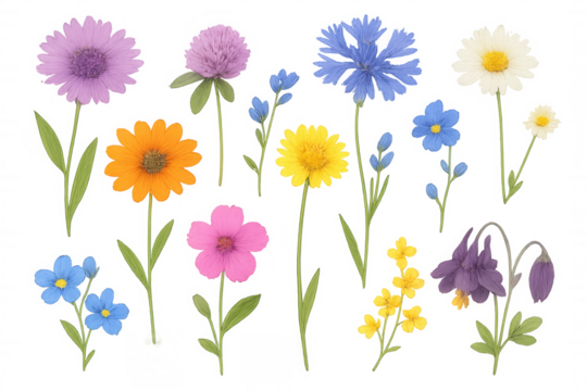 Colorful wildflowers illustration set, a collection of blooming spring and summer floral elements on transparent background - Powered by Adobe