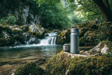 Hiker or camper enjoying pure drinking water while camping in nature