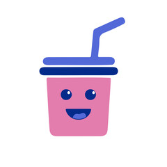 A pink drink cup with a happy face and a blue straw on a white background illustration style