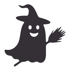 Silhouette of a halloween ghost wearing a witch hat and holding a broom with a smiling face design