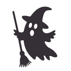 Silhouette of a ghost wearing a witch hat and holding a broom in its hand for halloween decoration