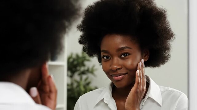 A young black woman examining her skin in a mirror, focused on skincare and selfcare routine vector illustration