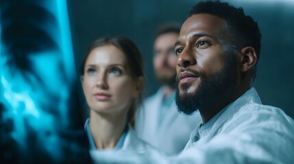 Diverse medical professionals intently analyzing X ray scan for diagnosis
