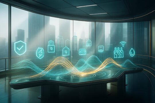 Modern cyber security meeting room with glowing network icons and city view, showing data protection, secure connections, and innovative technology for global business solutions - Powered by Adobe