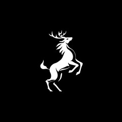 Majestic white stag silhouette rearing up on hind legs with antlers, powerful wild animal symbol on a stark black background