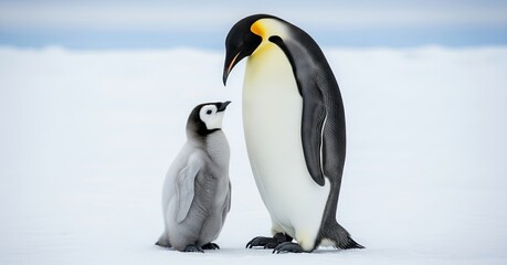 An adult emperor penguin attentively watches over its fluffy, downy chick on the stark white ice.