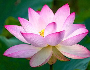 A close-up of a blossoming pink flower with yellow center and petals with pink edges