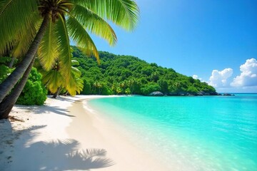 Tropical Island Paradise Turquoise Waters, White Sand Beach, Swaying Palm Trees under a Clear Blue Sky. Perfect for Vacation and Travel Themes.