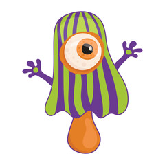 A dancing mushroom with eyes at a Halloween party. A strange and unusual mushroom with arms. Hand-drawn vector card for stickers, scrapbook, and decor.