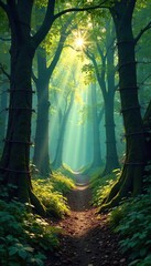 Sun-Dappled Forest Mystery Ancient Trees Entangled by Barbed Wire, Evoking a Sense of Ominous Beauty and Hidden Danger.