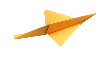 Origami yellow paper airplane with crisp folds isolated on a black background