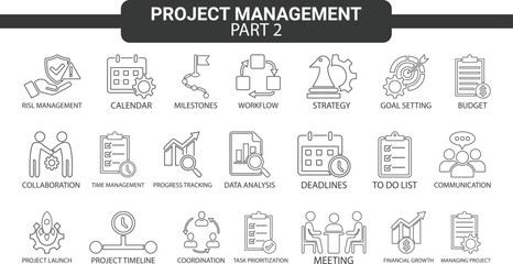 Project management Line art set of web icons in line style. Business  management icons for web and mobile app. Time management, planning, project, startup, marketing. Vector illustration
