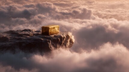 Fototapeta premium A golden chest rests on a rocky outcrop floating amidst ethereal clouds bathed in warm surreal light