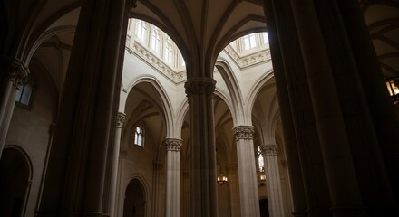 Fototapeta premium Sunlit Arches and Pillars Inside a Grand Cathedral.