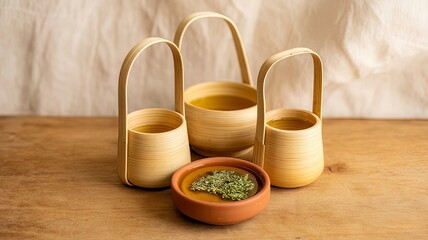A Balanced Composition of Light Bamboo Craftsmanship and Earthenware Holding a Golden, Comforting Broth on a Wooden Surface.