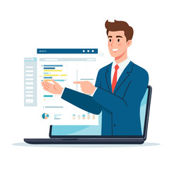 Businessman presenting data charts on a laptop screen.