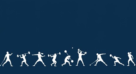 Dynamic sports sequence showing track and field athletes in action throwing shotput, hammer, javelin, and discus in a minimal, modern style on blue