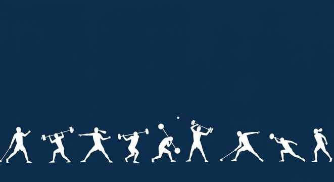 Dynamic sports sequence showing track and field athletes in action throwing shotput, hammer, javelin, and discus in a minimal, modern style on blue - Powered by Adobe