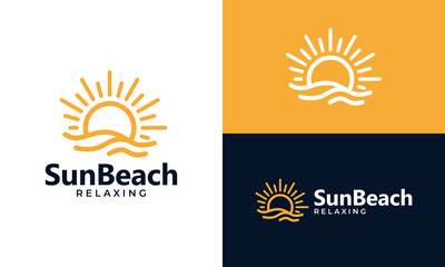 Sunrise or sunset logo design. Abstract sun design with beach with line style graphic icon symbol