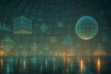 Explore a futuristic metaverse data space with glowing geometric shapes and glowing data visualizations, great for technology, science, and innovative business presentations