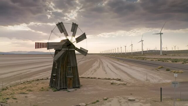 cinematic drone video of an arid landscape with a rustic windmill and modern turbines. dramatic sky, sun flares, deep depth of field, old and new energy juxtaposition concept
