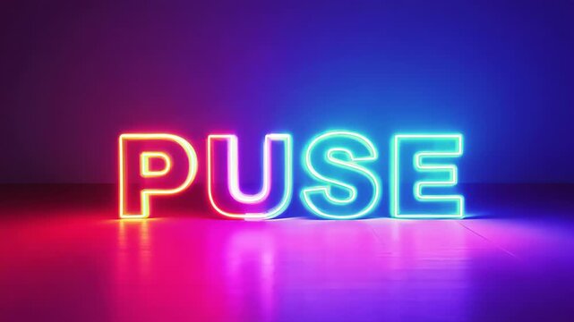 Neon sign spelling "PUSE" glows vibrantly with shifting colors, showcasing a dynamic light display, camera pans across the scene, emphasizing illumination and atmosphere