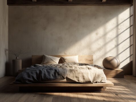 A bedroom with a wooden bed and a vase on a table - Powered by Adobe