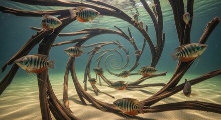 Underwater scene with fish swimming among spiraling aquatic plants on a sandy bottom.