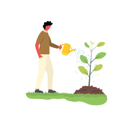 Nurturing New Growth for a Sustainable Future. Watering a Plant to Grow Big. Illustration on a White Background.