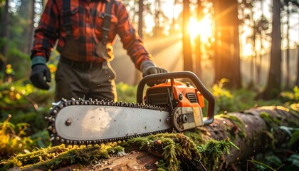 A person in a forest holds a saw on a felled tree. Sunlight shines through the trees in the background, creating a warm, golden light